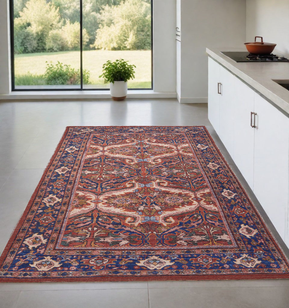 4 X 6 Red Tan And Blue Floral Power Loom Area Rug Image 2