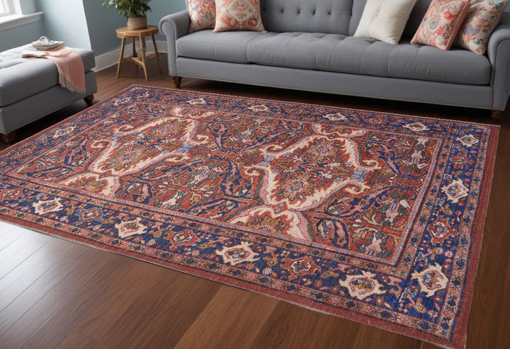 4 X 6 Red Tan And Blue Floral Power Loom Area Rug Image 4