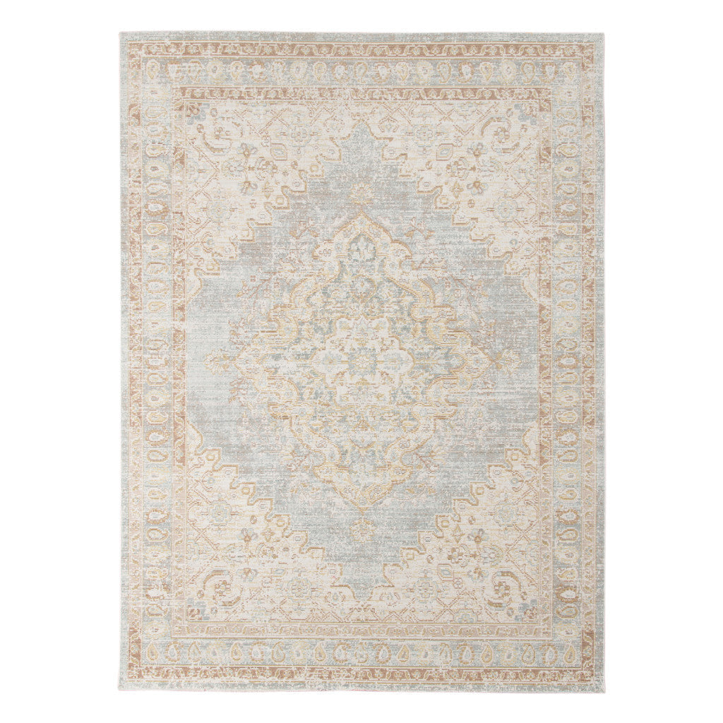 9 X 13 Blue and Gray Medallion Power Loom Distressed Area Rug Image 1