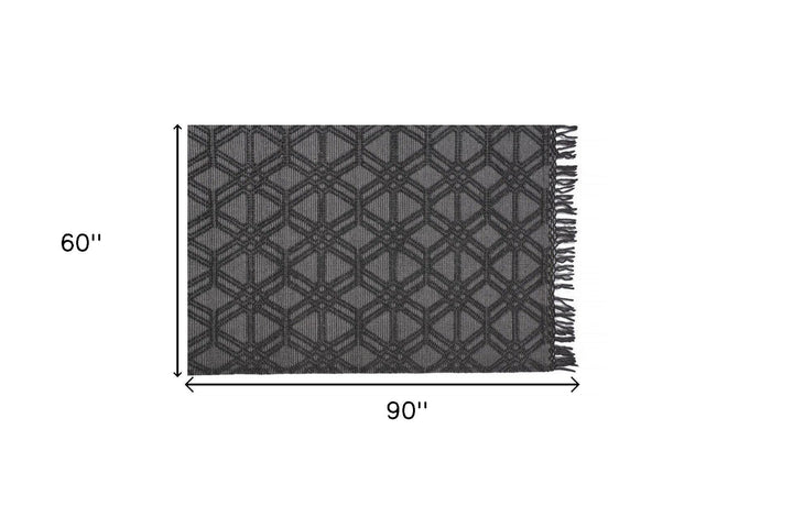 5 X 8 Black And Gray Wool Geometric Hand Woven Area Rug With Fringe Image 1