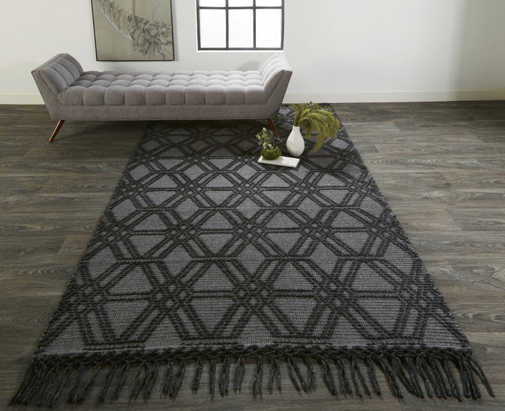 5 X 8 Black And Gray Wool Geometric Hand Woven Area Rug With Fringe Image 7