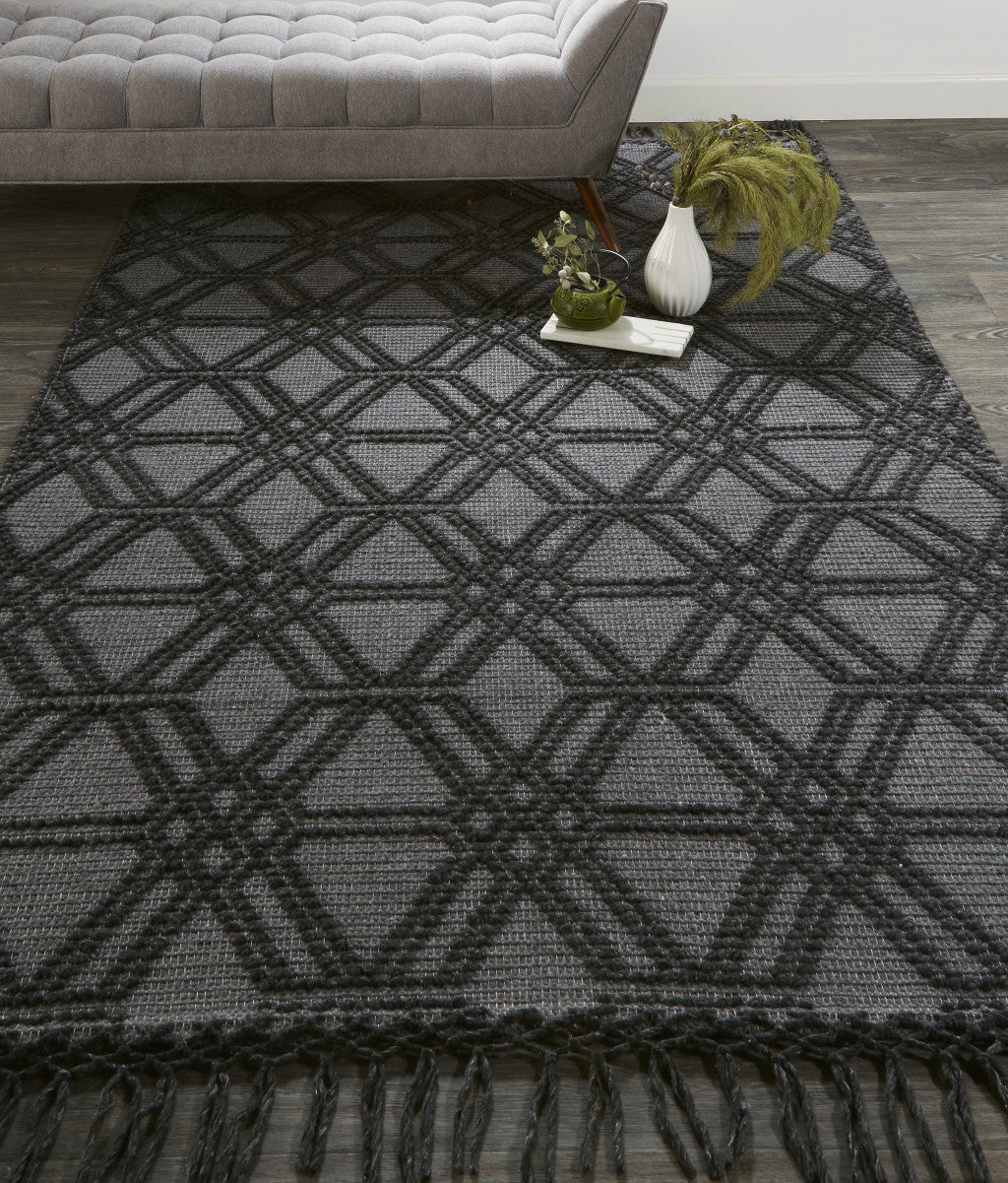 5 X 8 Black And Gray Wool Geometric Hand Woven Area Rug With Fringe Image 8