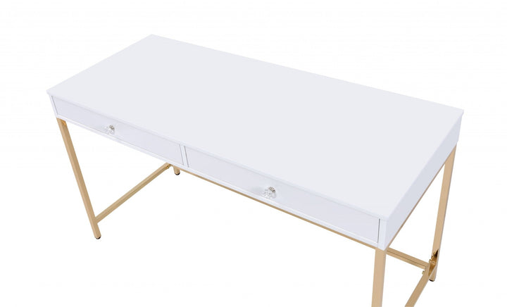 47" White and Gold Computer Desk With Two Drawers Image 2