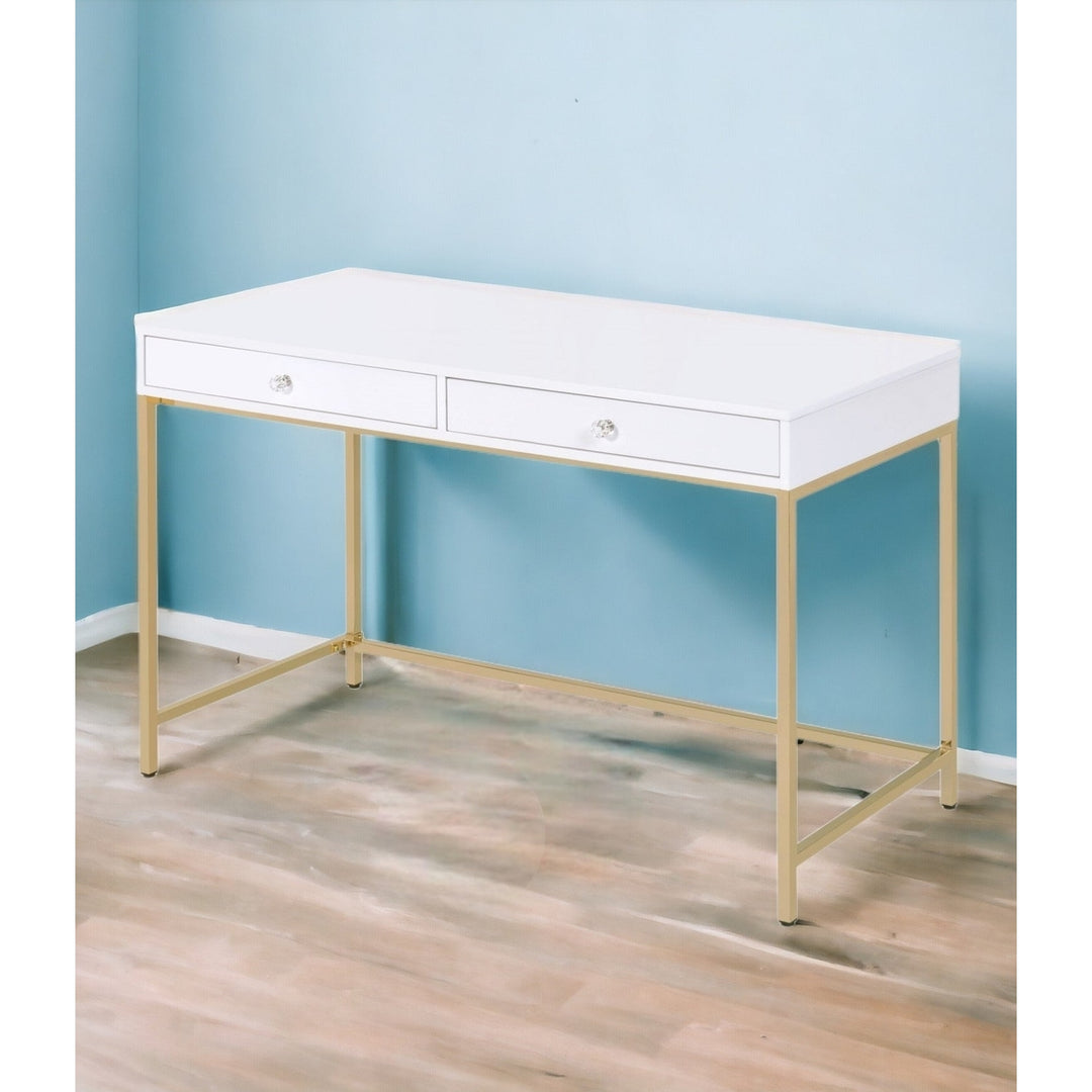 47" White and Gold Computer Desk With Two Drawers Image 5