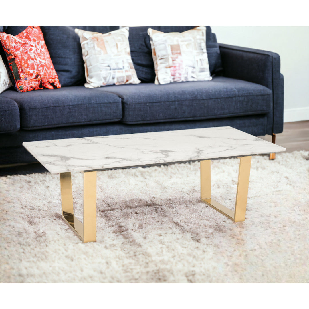 47" White And Gold Faux Marble And Steel Coffee Table Image 2