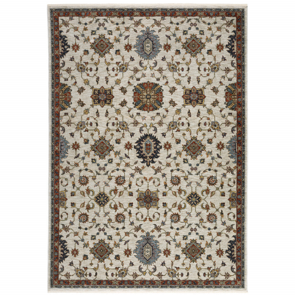 5 X 8 Beige Rust Red Blue Gold And Grey Oriental Power Loom Stain Resistant Area Rug With Fringe Image 1