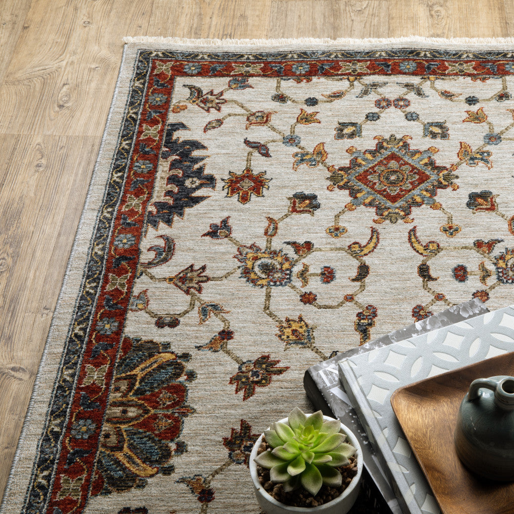 5 X 8 Beige Rust Red Blue Gold And Grey Oriental Power Loom Stain Resistant Area Rug With Fringe Image 6