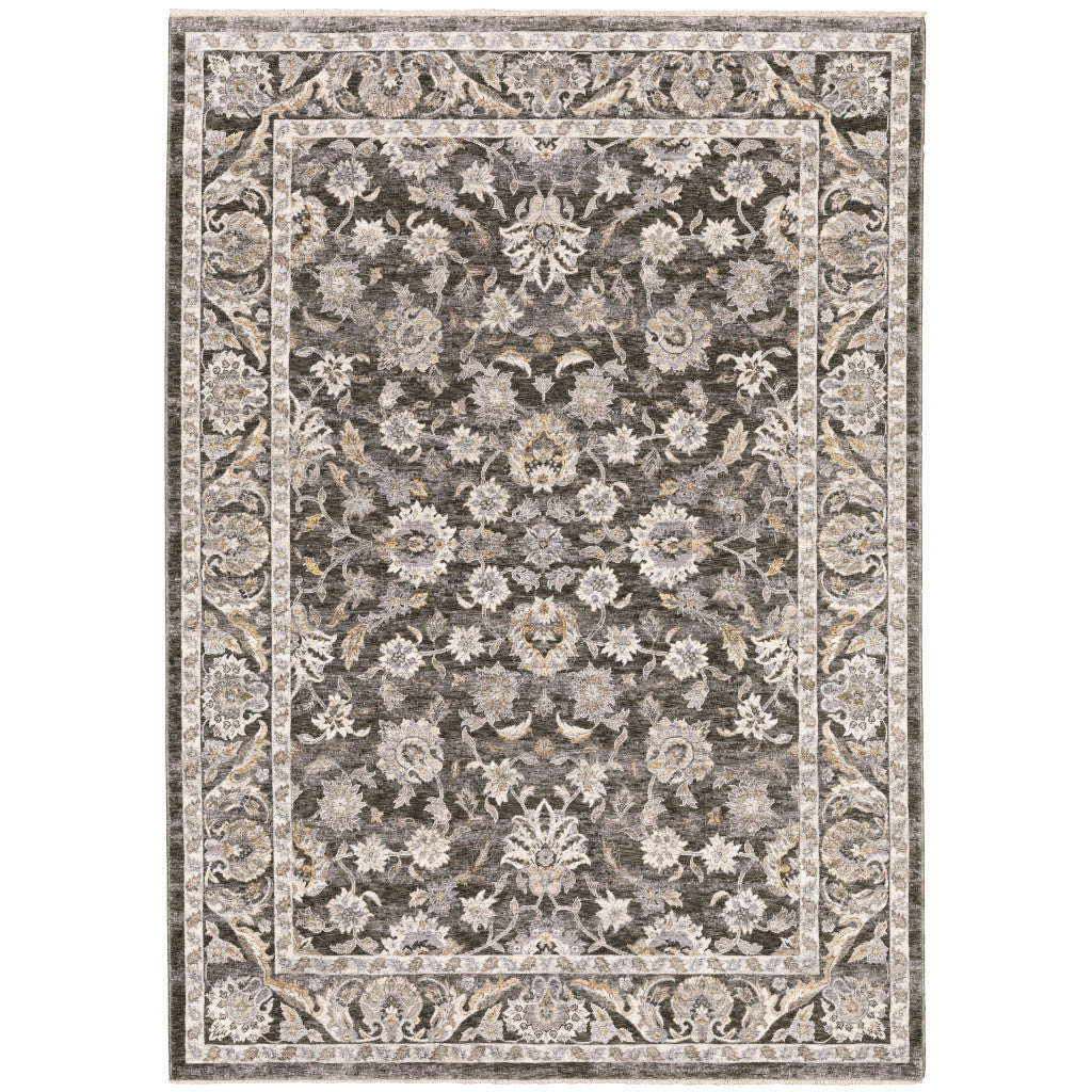 5 X 8 Grey And Ivory Oriental Power Loom Stain Resistant Area Rug With Fringe Image 1