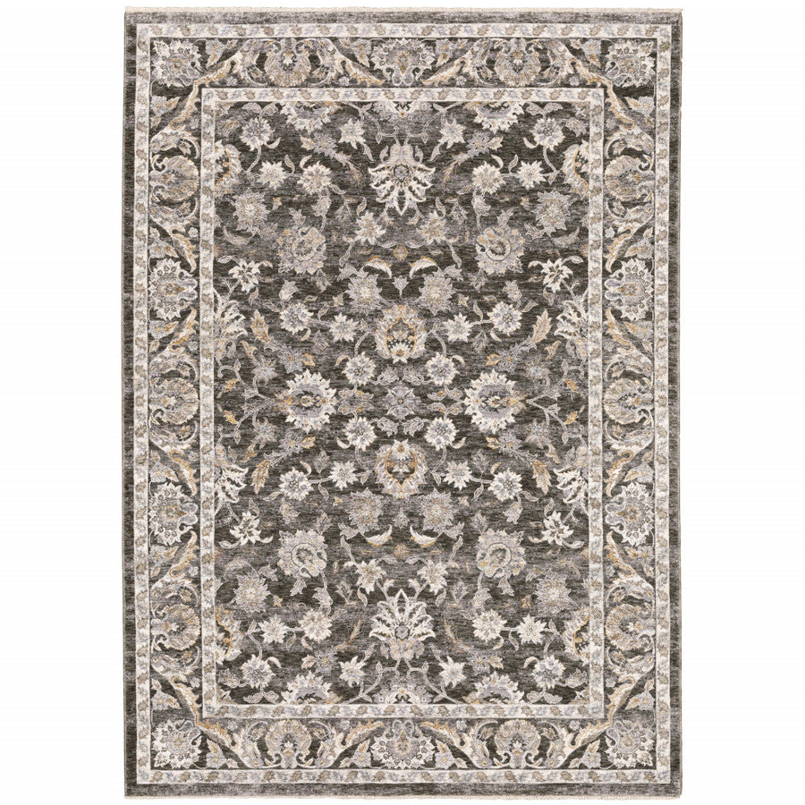 5 X 8 Grey And Ivory Oriental Power Loom Stain Resistant Area Rug With Fringe Image 1