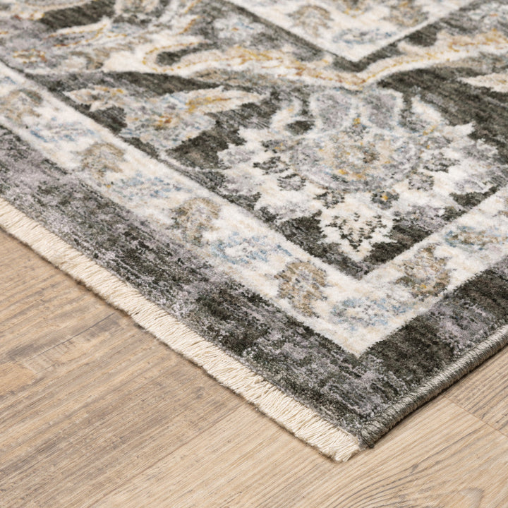 5 X 8 Grey And Ivory Oriental Power Loom Stain Resistant Area Rug With Fringe Image 2