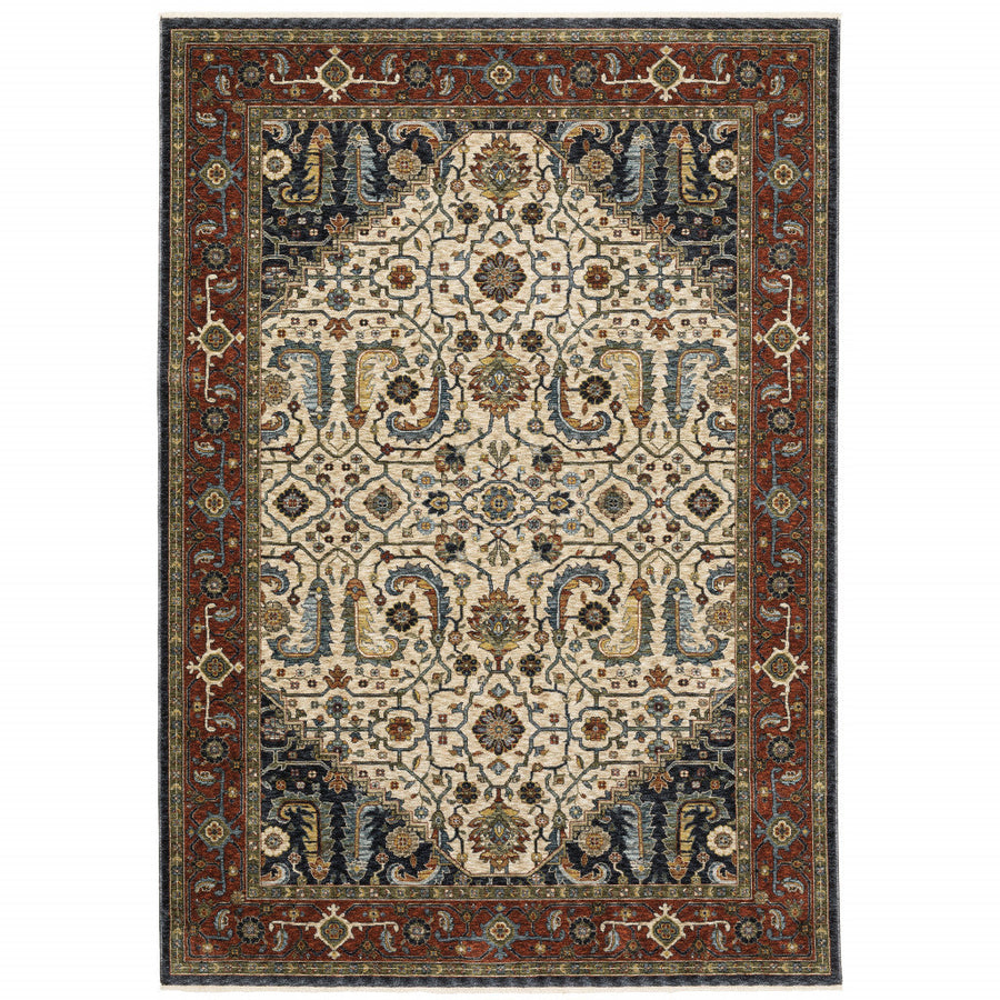 5 X 8 Ivory Beige Red Blue Gold Green And Navy Oriental Power Loom Stain Resistant Area Rug With Fringe Image 1