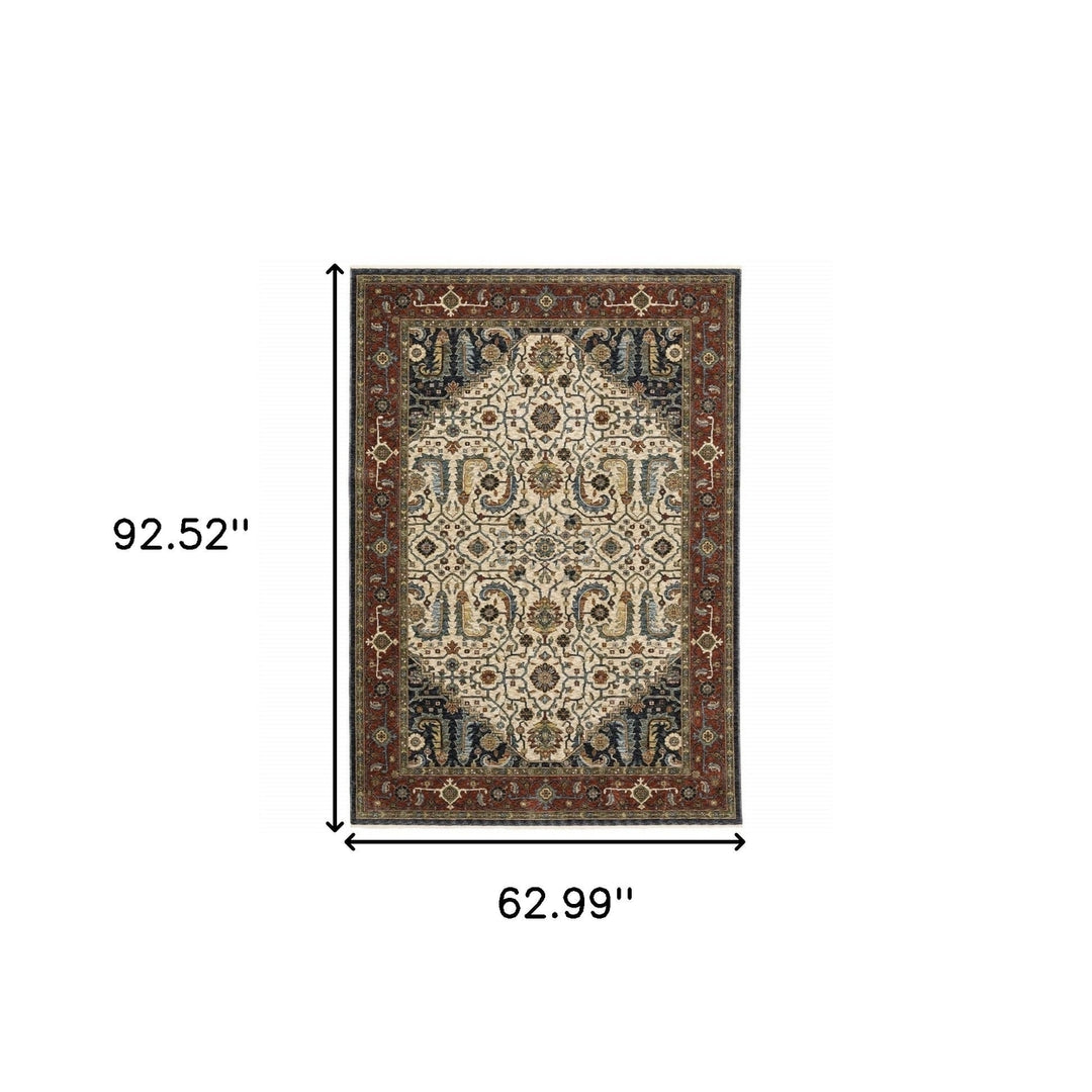 5 X 8 Ivory Beige Red Blue Gold Green And Navy Oriental Power Loom Stain Resistant Area Rug With Fringe Image 11