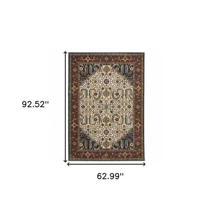 5 X 8 Ivory Beige Red Blue Gold Green And Navy Oriental Power Loom Stain Resistant Area Rug With Fringe Image 11