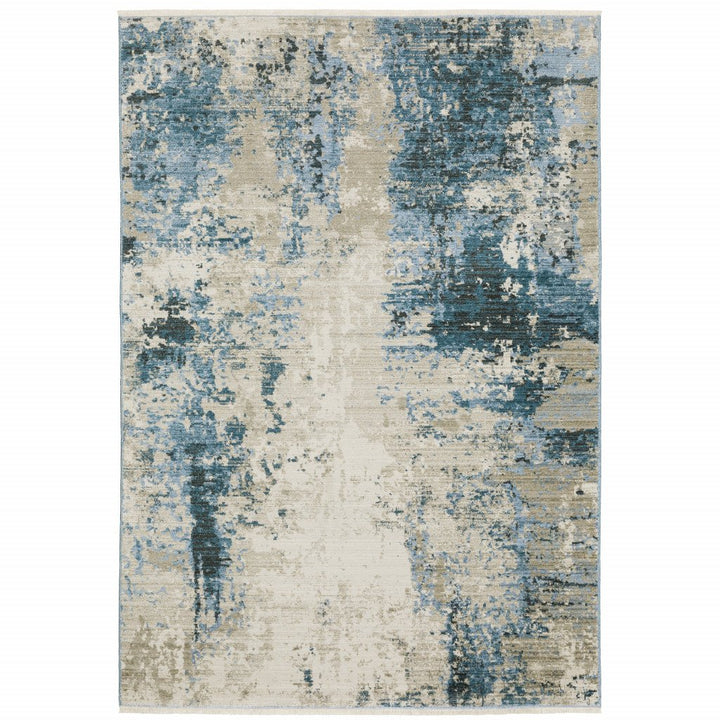 6 X 9 Blue Grey Ivory Light Blue And Dark Blue Abstract Power Loom Stain Resistant Area Rug With Fringe Image 1