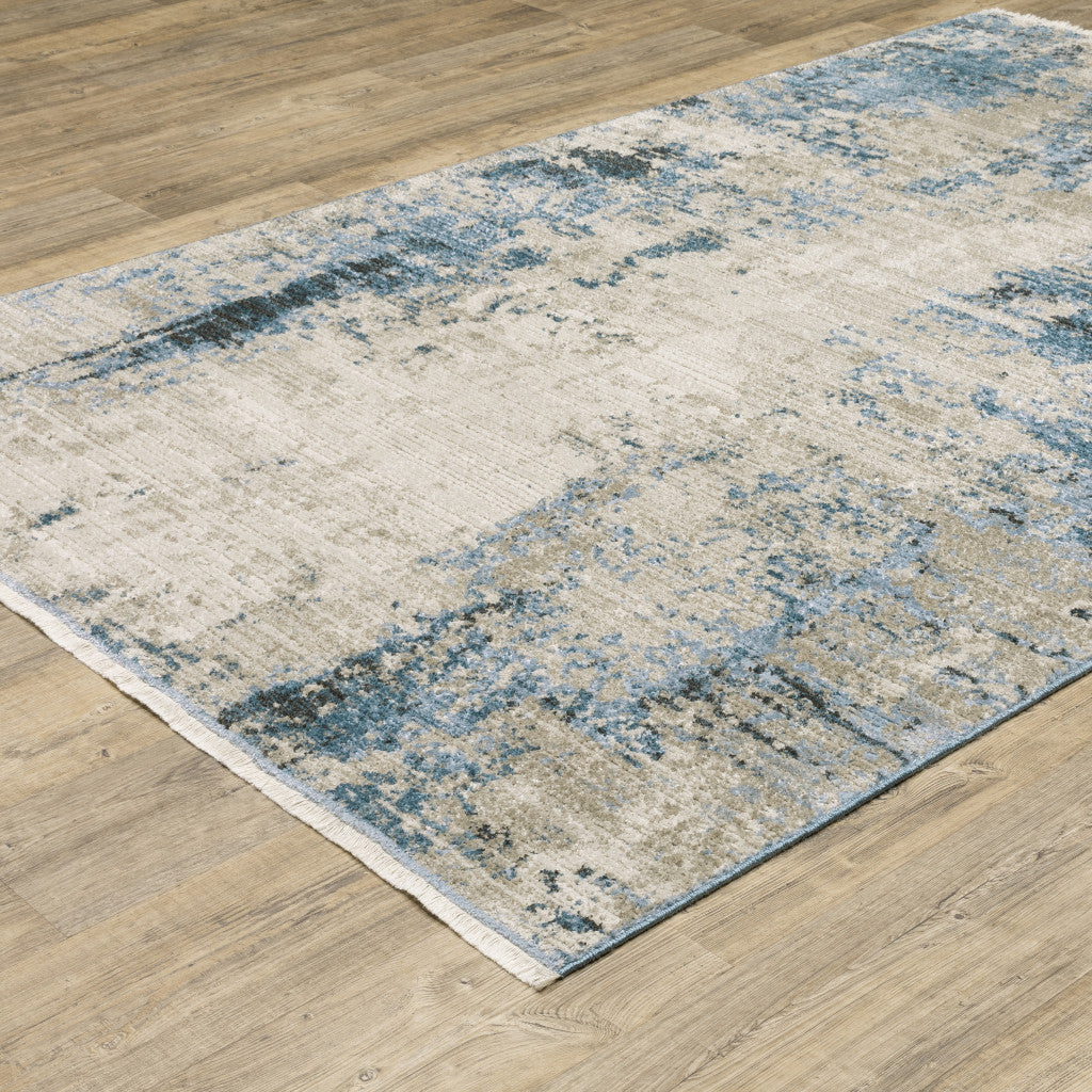 6 X 9 Blue Grey Ivory Light Blue And Dark Blue Abstract Power Loom Stain Resistant Area Rug With Fringe Image 3