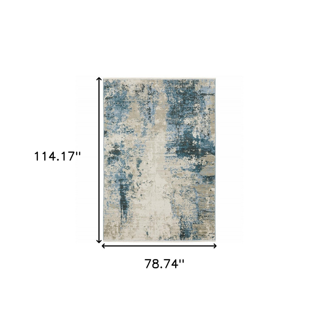 6 X 9 Blue Grey Ivory Light Blue And Dark Blue Abstract Power Loom Stain Resistant Area Rug With Fringe Image 10