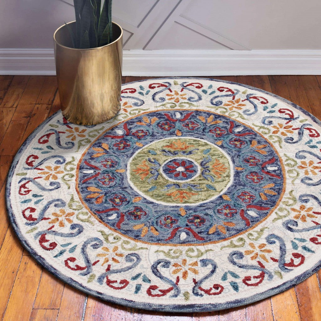 4 Round Blue and White Ornate Medallion Area Rug Image 3