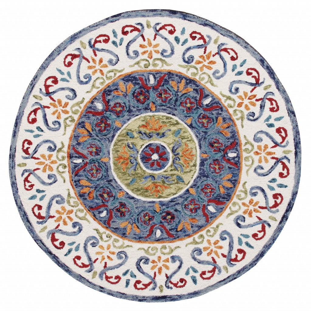 4 Round Blue and White Ornate Medallion Area Rug Image 1