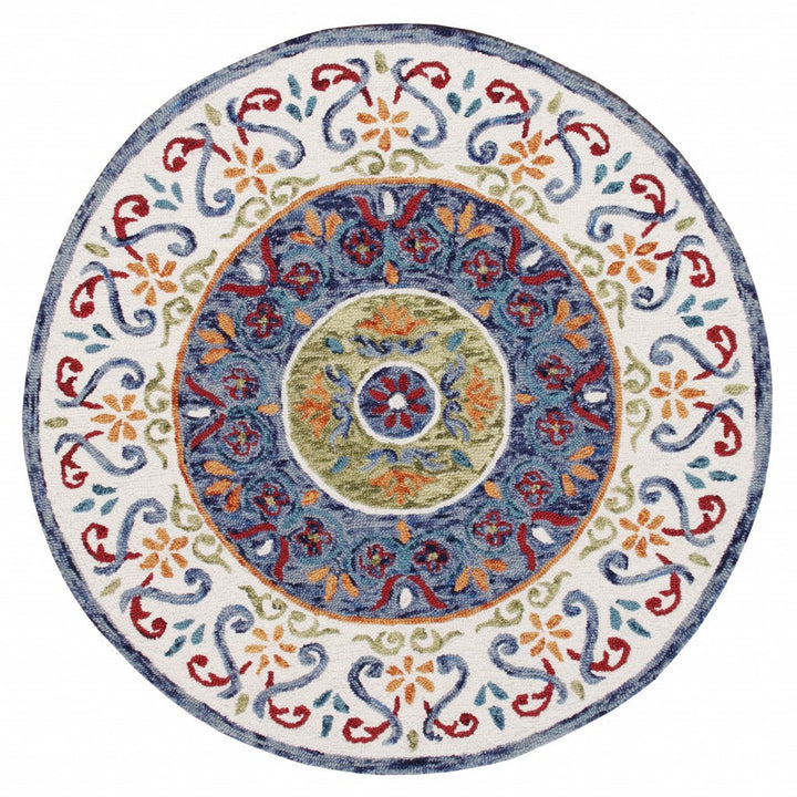 4 Round Blue and White Ornate Medallion Area Rug Image 1