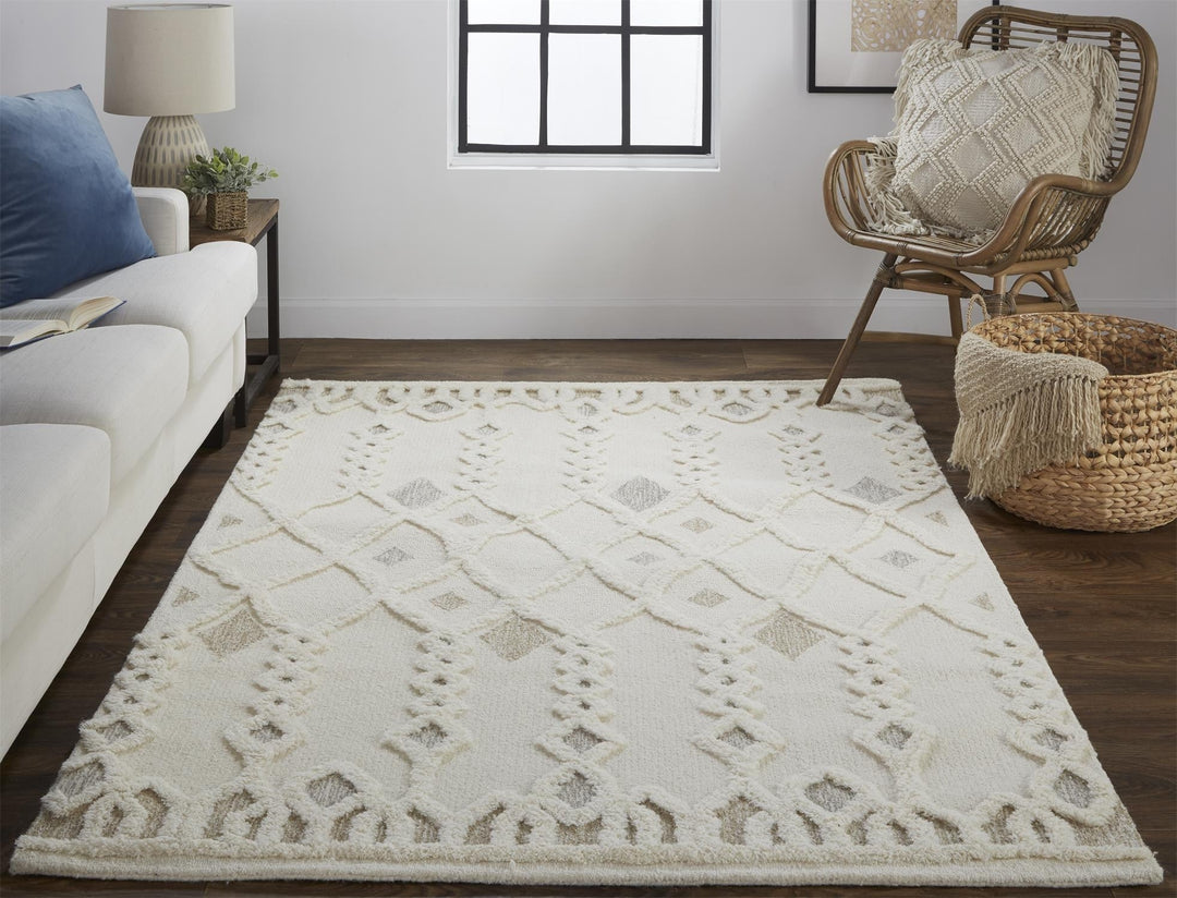 5 X 8 Ivory Tan And Silver Wool Geometric Tufted Handmade Stain Resistant Area Rug Image 6