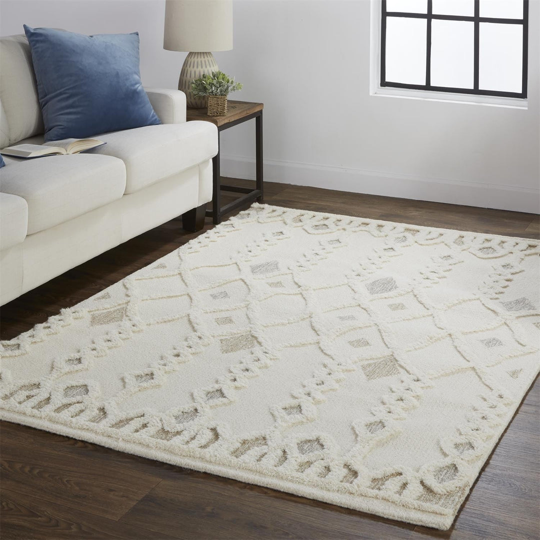 5 X 8 Ivory Tan And Silver Wool Geometric Tufted Handmade Stain Resistant Area Rug Image 7