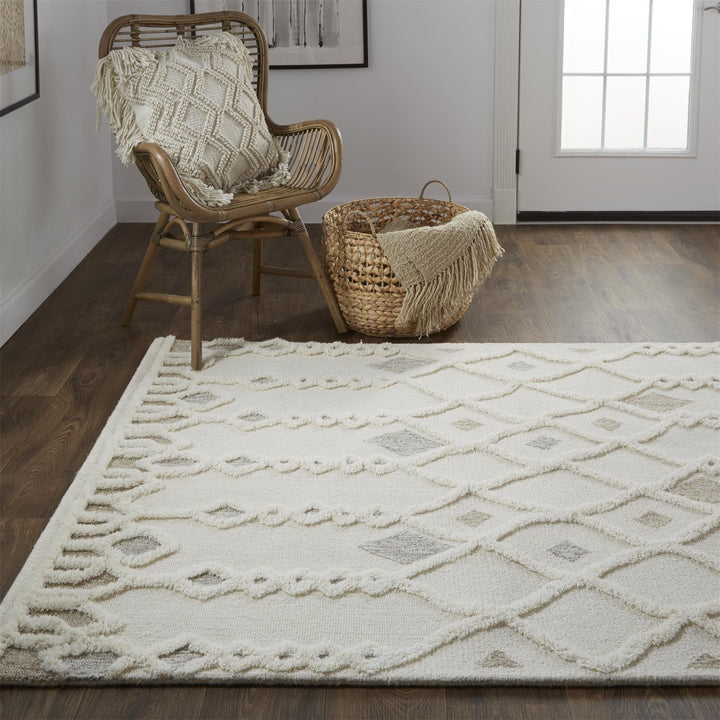 5 X 8 Ivory Tan And Silver Wool Geometric Tufted Handmade Stain Resistant Area Rug Image 8