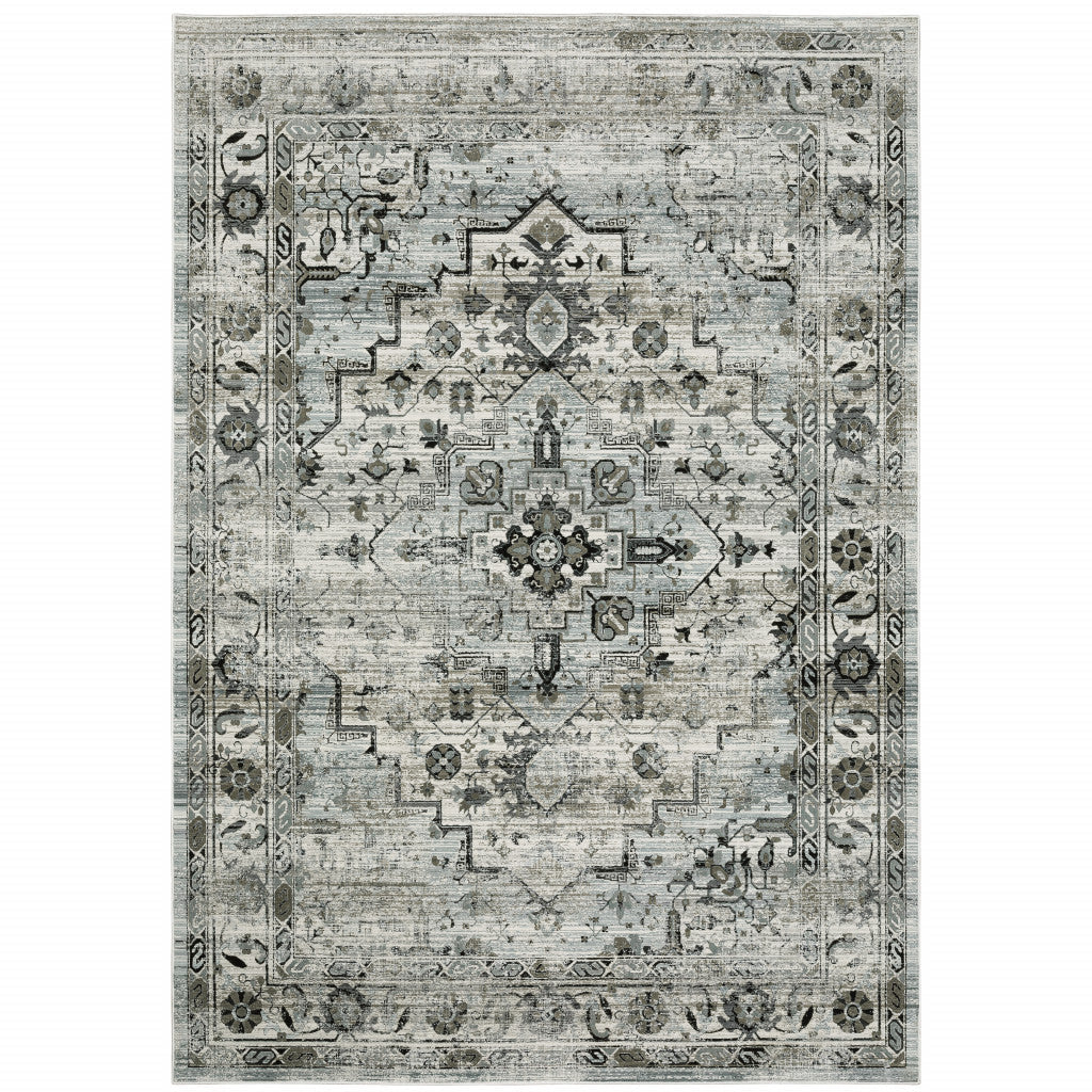 6 X 9 Ivory Grey Charcoal Blue And Taupe Oriental Power Loom Stain Resistant Area Rug Image 1