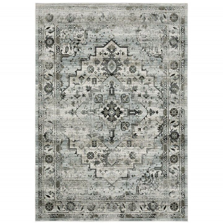 6 X 9 Ivory Grey Charcoal Blue And Taupe Oriental Power Loom Stain Resistant Area Rug Image 1