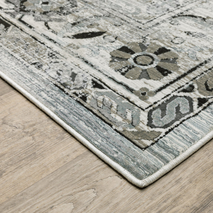 6 X 9 Ivory Grey Charcoal Blue And Taupe Oriental Power Loom Stain Resistant Area Rug Image 2