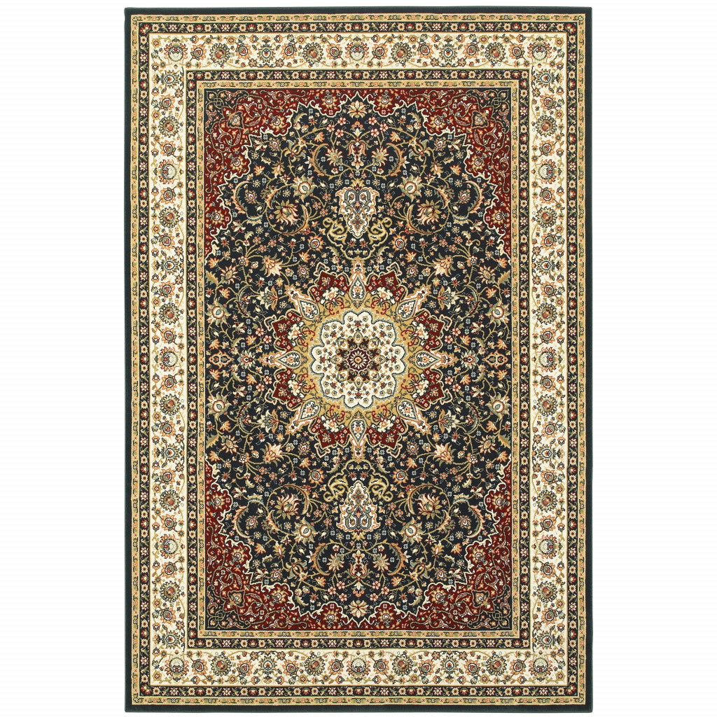 6 X 9 Navy And Ivory Oriental Power Loom Stain Resistant Area Rug Image 1