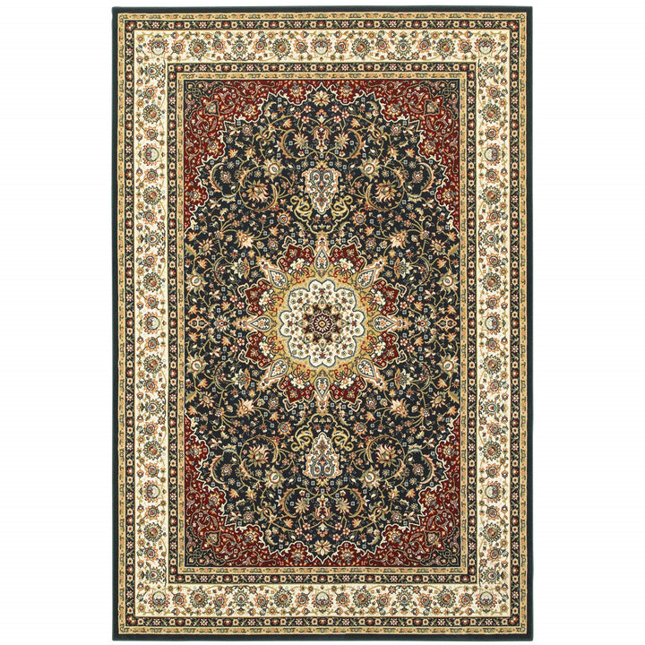 6 X 9 Navy And Ivory Oriental Power Loom Stain Resistant Area Rug Image 1