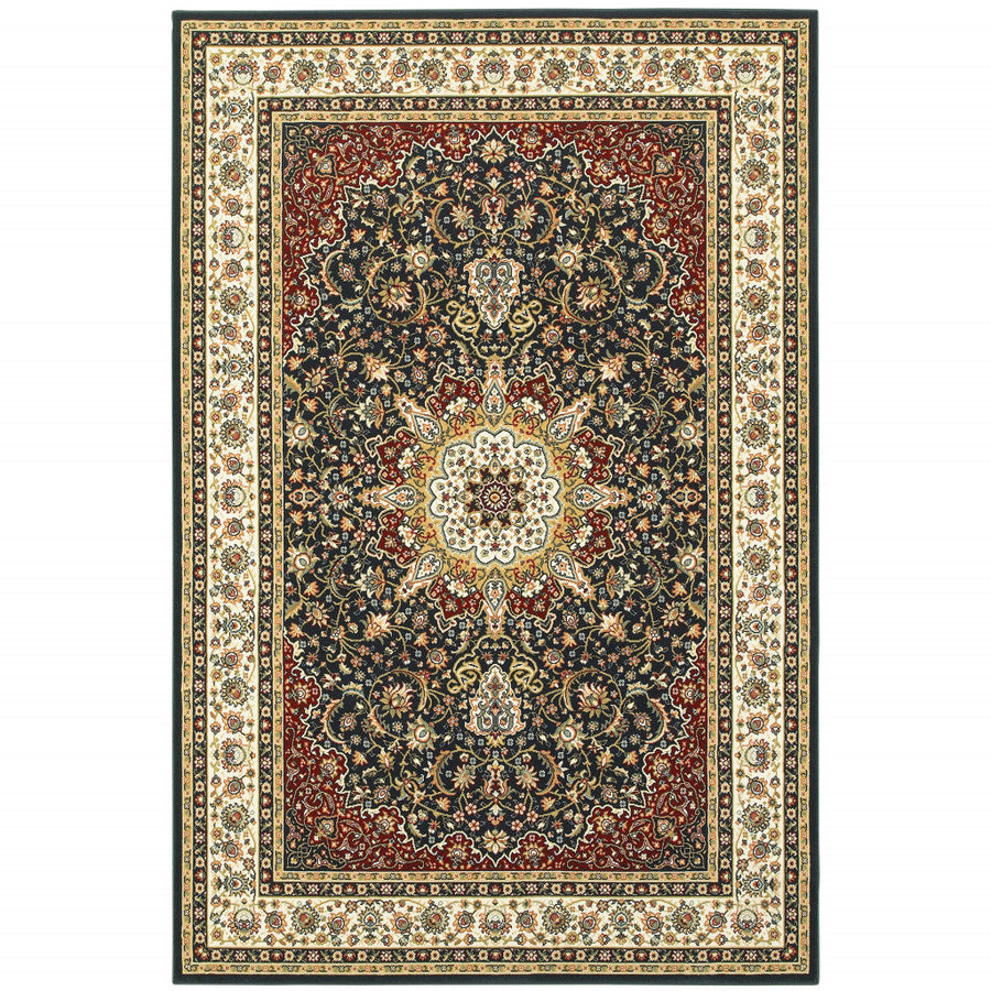 6 X 9 Navy And Ivory Oriental Power Loom Stain Resistant Area Rug Image 1