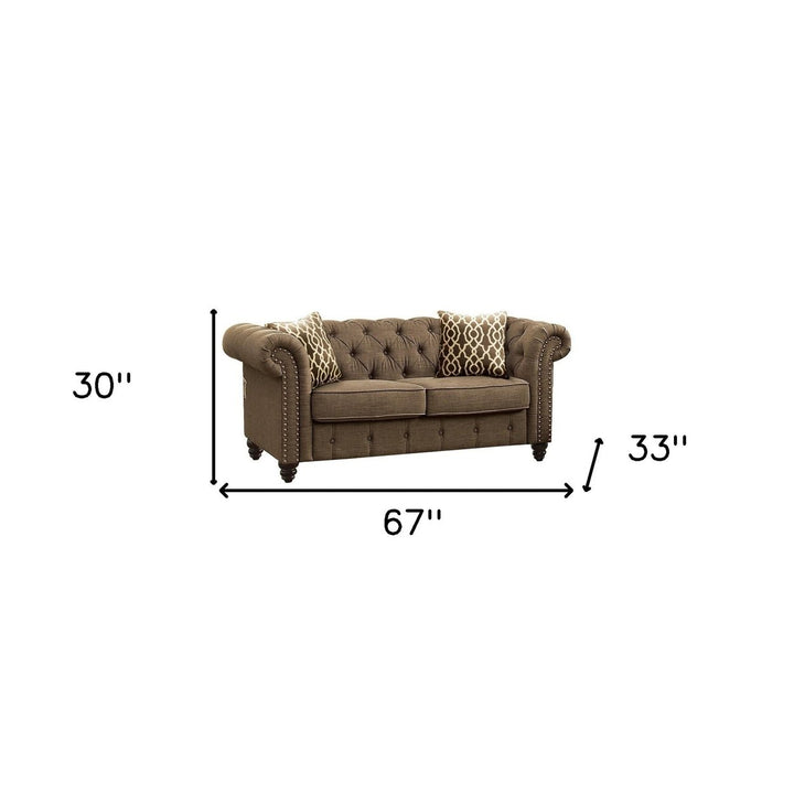 67" Brown And Dark Brown Linen Loveseat Image 3