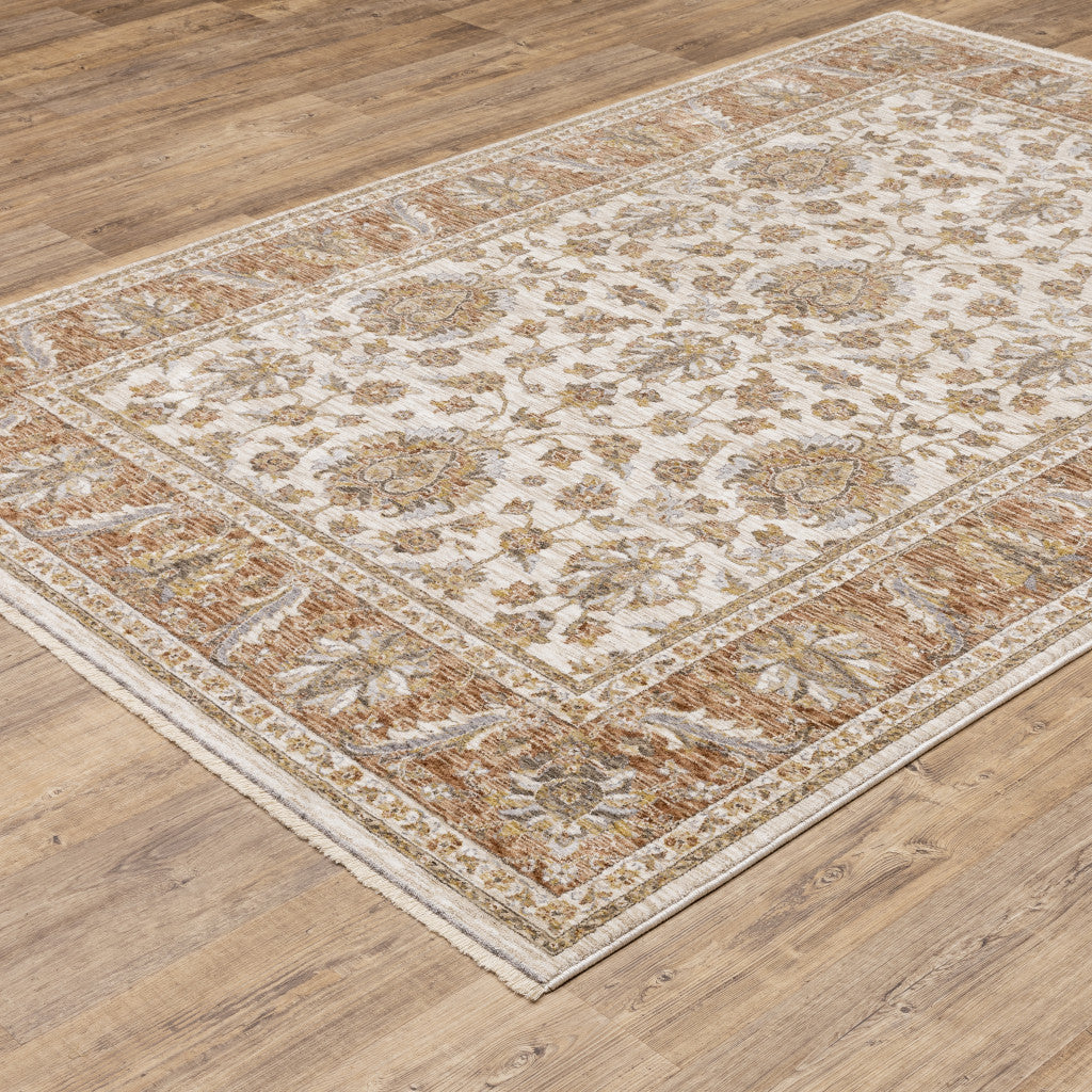 6 X 9 Rust And Ivory Oriental Power Loom Stain Resistant Area Rug With Fringe Image 4