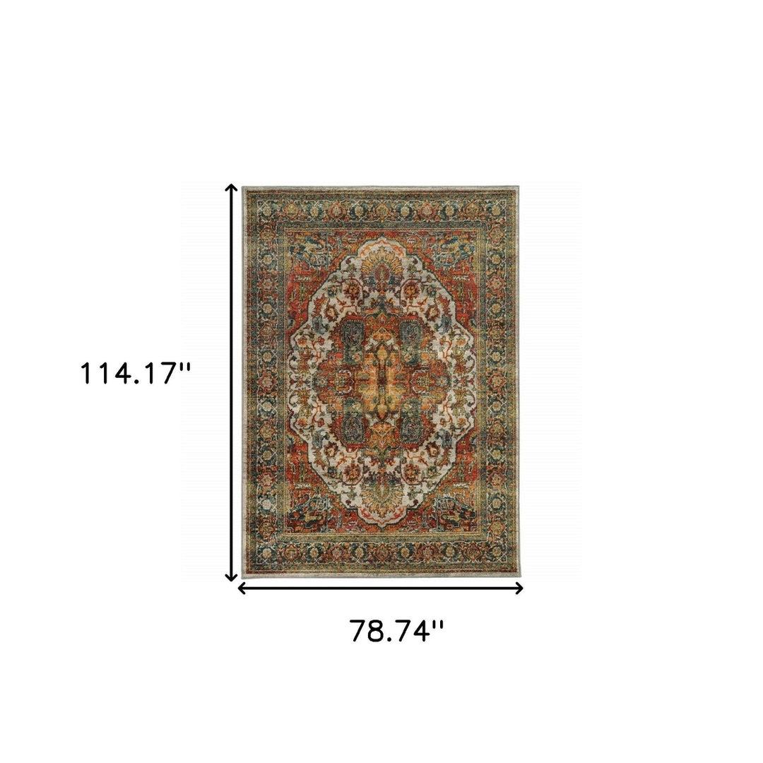 6 X 9 Red Gold Orange Green Ivory Rust And Blue Oriental Power Loom Stain Resistant Area Rug Image 10