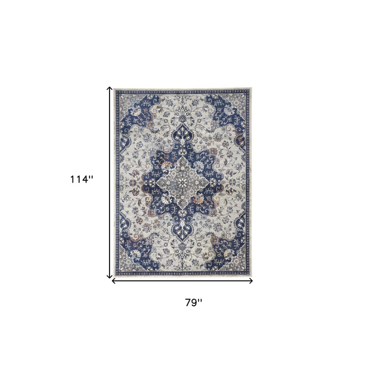 7 X 10 Gray Ivory And Blue Floral Power Loom Distressed Stain Resistant Area Rug Image 2