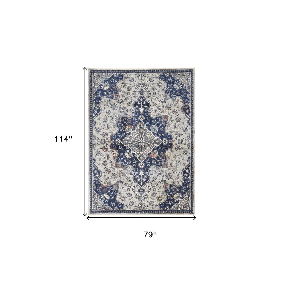 7 X 10 Gray Ivory And Blue Floral Power Loom Distressed Stain Resistant Area Rug Image 1