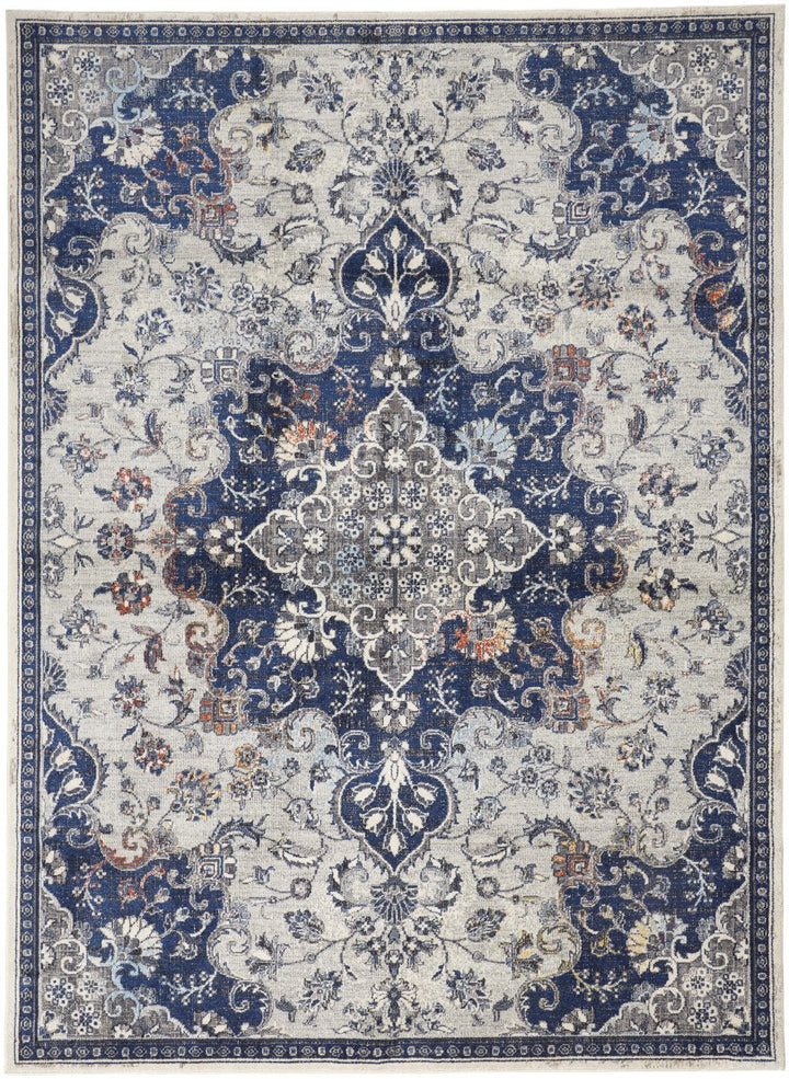 7 X 10 Gray Ivory And Blue Floral Power Loom Distressed Stain Resistant Area Rug Image 9