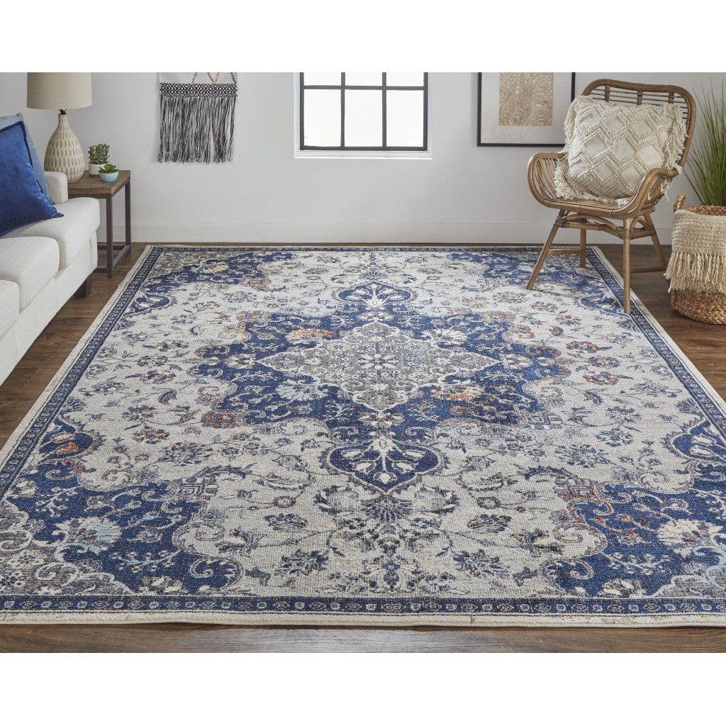 7 X 10 Gray Ivory And Blue Floral Power Loom Distressed Stain Resistant Area Rug Image 10