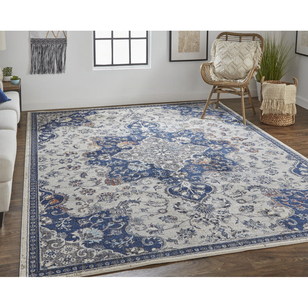 7 X 10 Gray Ivory And Blue Floral Power Loom Distressed Stain Resistant Area Rug Image 11