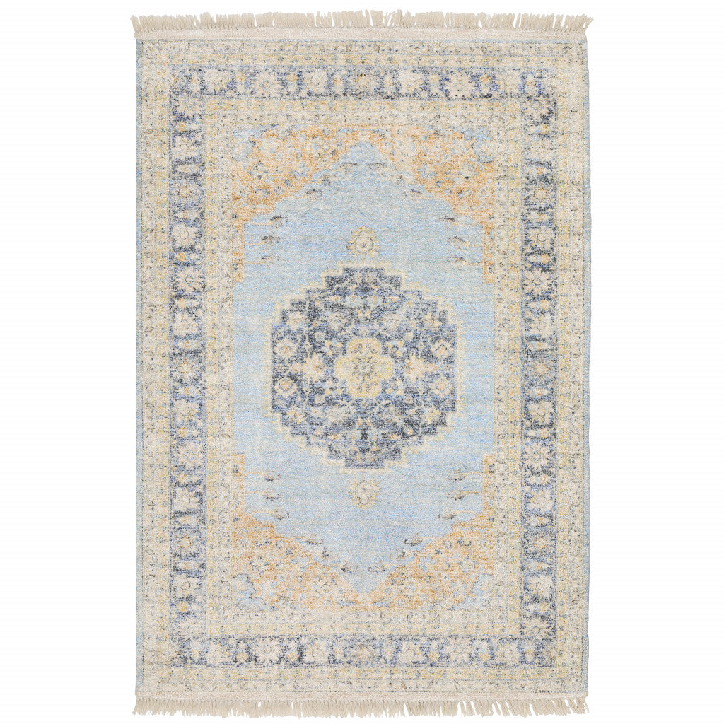 8 X 10 Blue And Beige Oriental Hand Loomed Stain Resistant Area Rug With Fringe Image 1