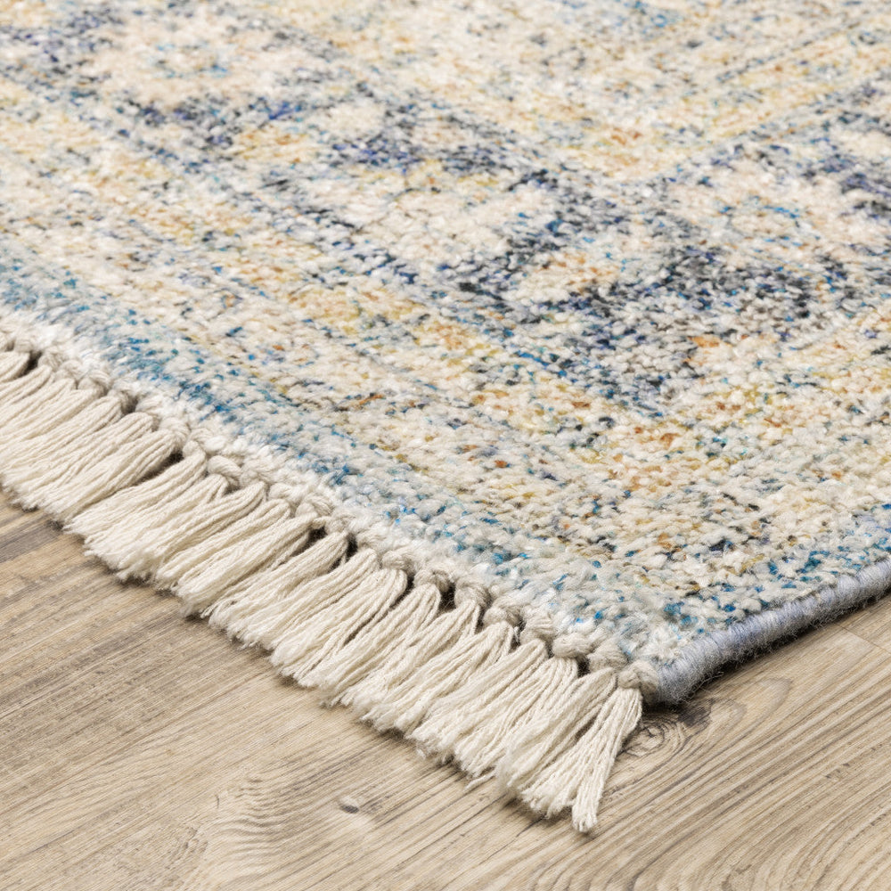 8 X 10 Blue And Beige Oriental Hand Loomed Stain Resistant Area Rug With Fringe Image 2