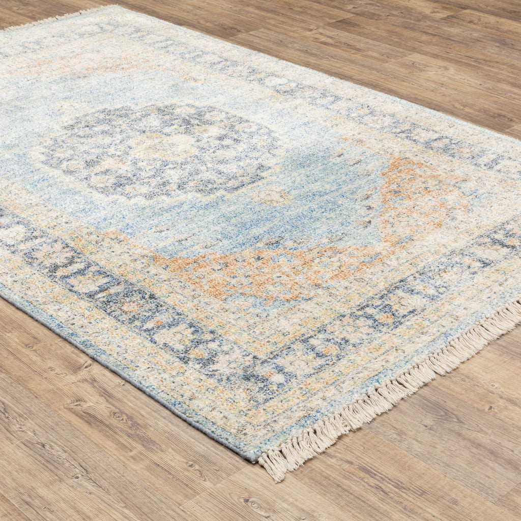 8 X 10 Blue And Beige Oriental Hand Loomed Stain Resistant Area Rug With Fringe Image 4