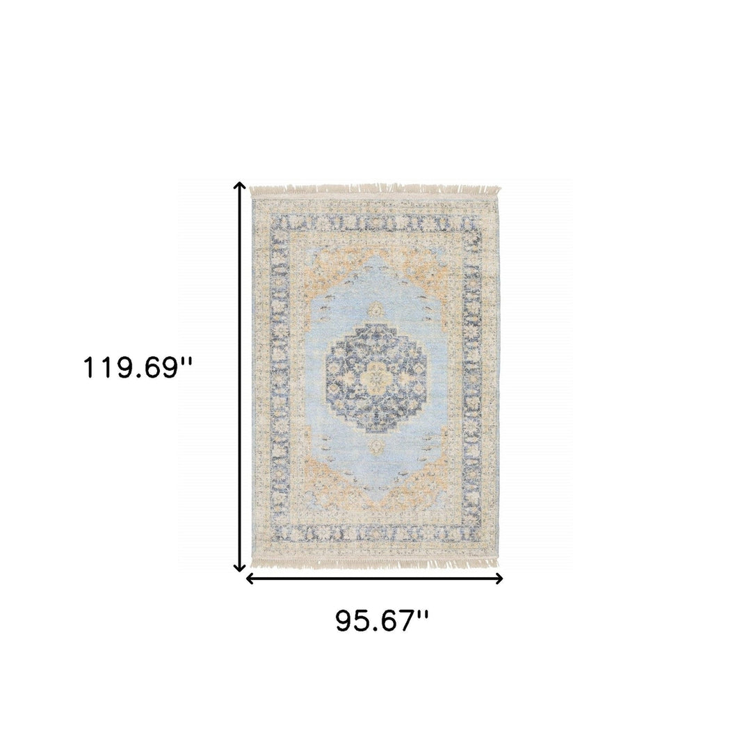 8 X 10 Blue And Beige Oriental Hand Loomed Stain Resistant Area Rug With Fringe Image 11