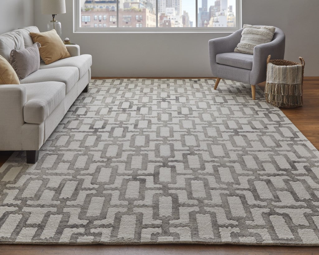 8 X 11 Ivory And Taupe Wool Geometric Tufted Handmade Area Rug Image 9