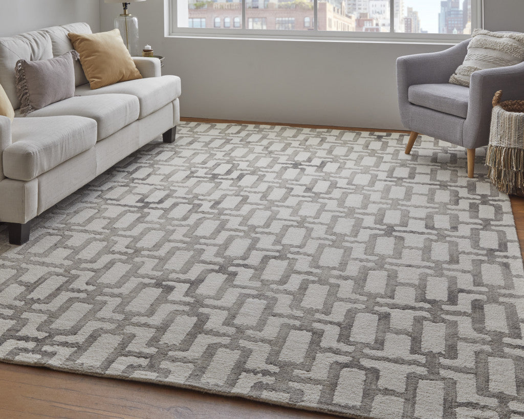 8 X 11 Ivory And Taupe Wool Geometric Tufted Handmade Area Rug Image 10