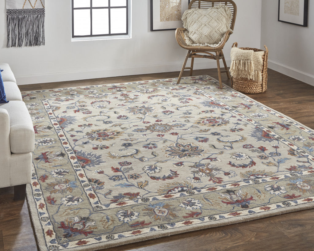 8 X 10 Ivory Taupe And Blue Wool Floral Tufted Handmade Stain Resistant Area Rug Image 4