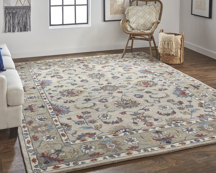 8 X 10 Ivory Taupe And Blue Wool Floral Tufted Handmade Stain Resistant Area Rug Image 4