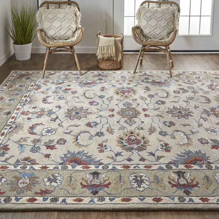 8 X 10 Ivory Taupe And Blue Wool Floral Tufted Handmade Stain Resistant Area Rug Image 5