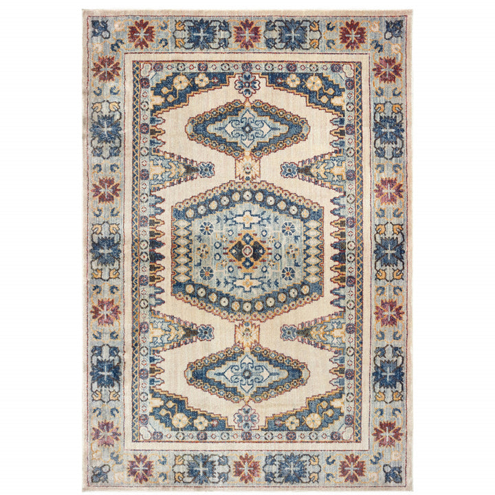 8 X 11 Ivory And Blue Oriental Power Loom Stain Resistant Area Rug Image 1